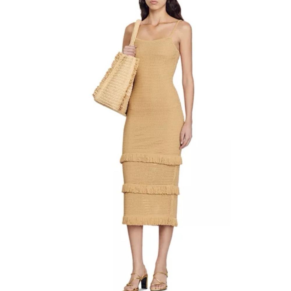 Sandro Paris Anvers Pointelle Knit Midi Dress Beige NWT EU 34 XS Flared Elegant‎